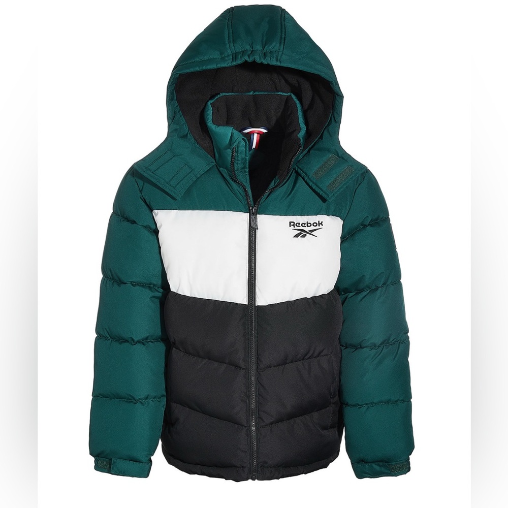 Reebok Boys Colorblock Hooded Puffer Jacket Fleece Lined Green Black | L 14/16